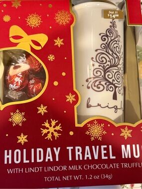 White Holiday Travel Mug Gift Set with Lindt Chocolates
